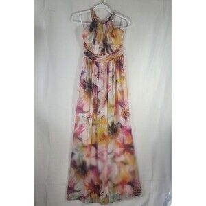 Vintage Caché Multicolor Watercolor Floral Chiffon Halter Maxi Gown Empire 2